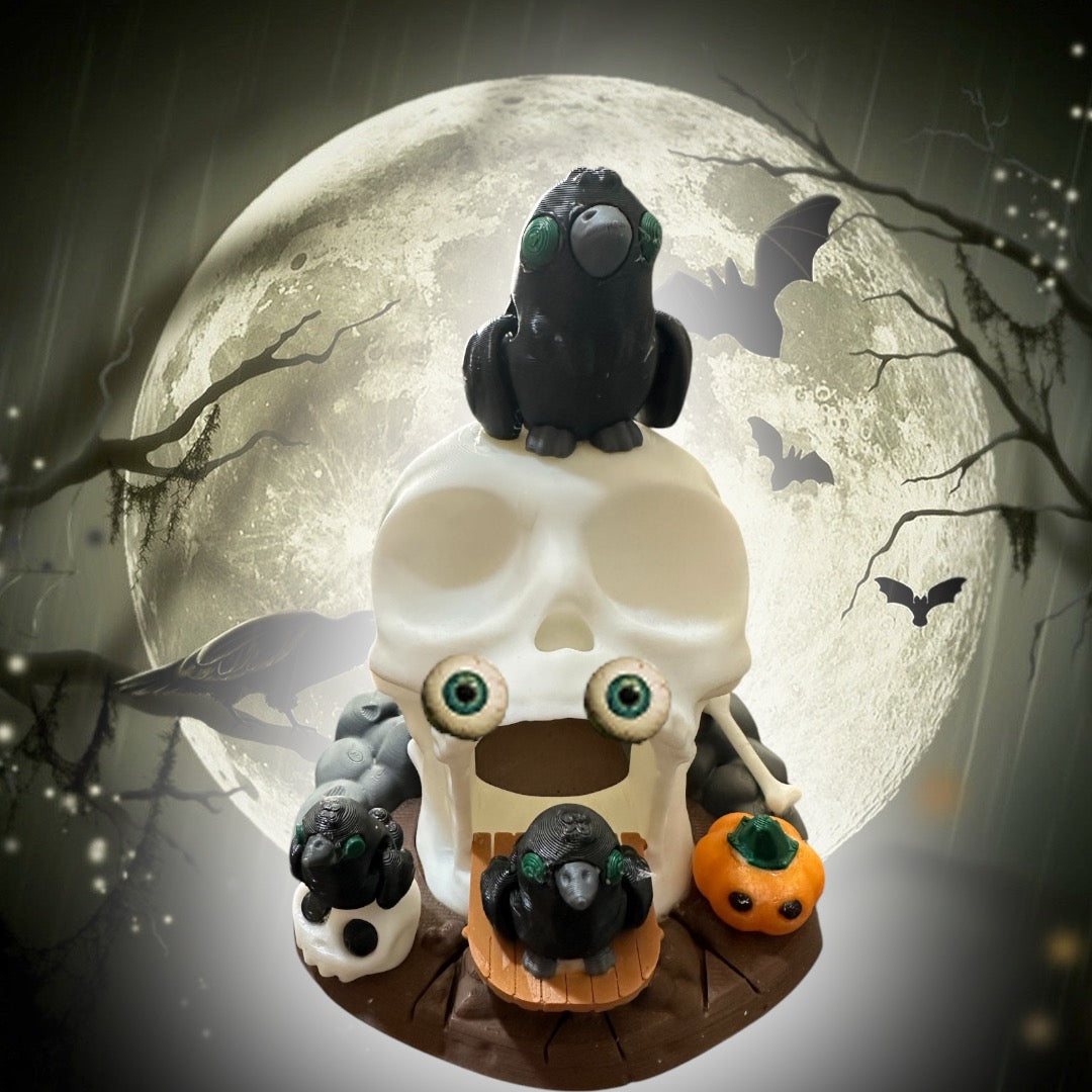 Skull with pumpkin and ravens